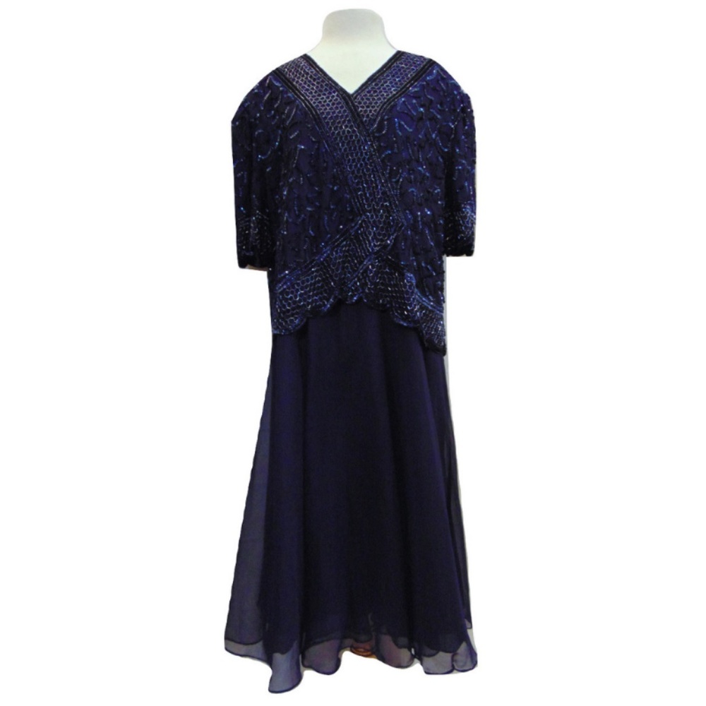 Vintage Brilliante Navy bead & chiffon dress 2X